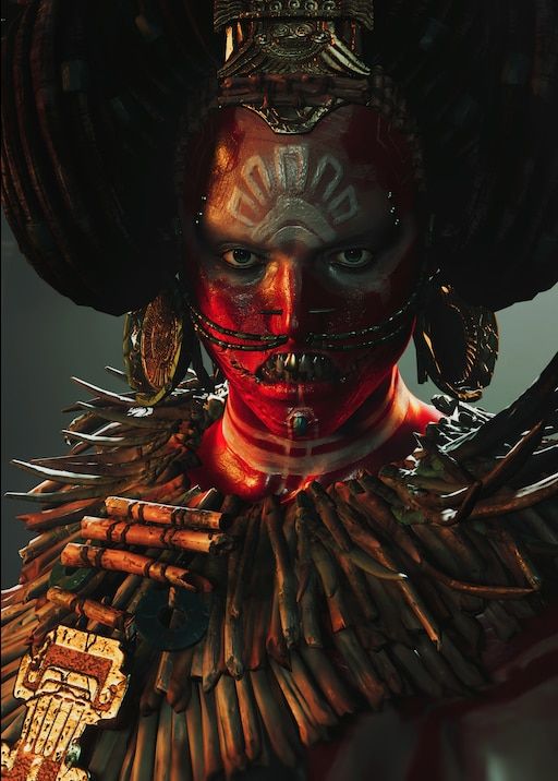Aztec warrior in ceremonial armor before a pyramid